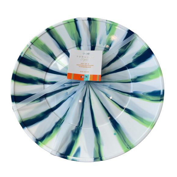 Sunglow Style Ink Stripe Melamine Dinner Plates 11" Blue Green White Set of 4 - Picture 7 of 8